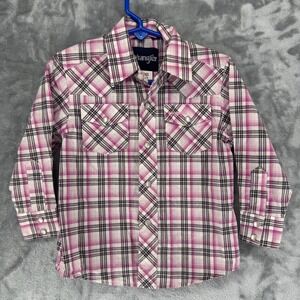 Wrangler Kids Western Plaid Long Sleeve Snap Shirt Pink White Black XXS